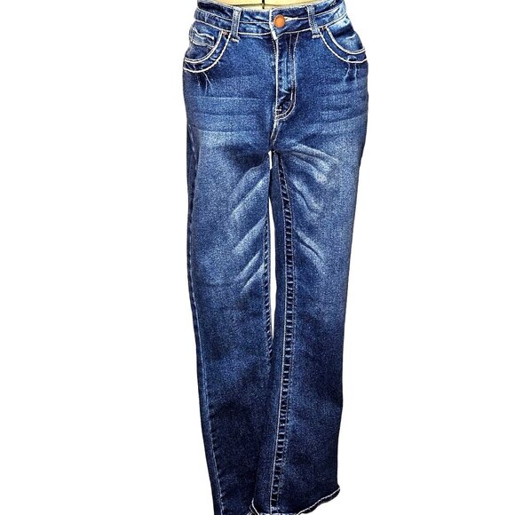 Woman's Bamboo dark wash white stitch embroidered distressed flared mid rise jea - Picture 1 of 11